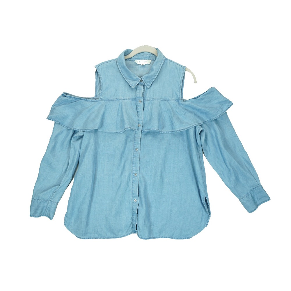 VINCE‎ CAMUTO Blue Open Shoulder Large Blouse Tencell Lyocell Long Sleeve